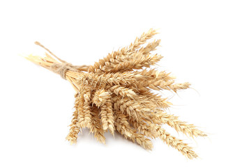Sheaf of wheat ears on white background.