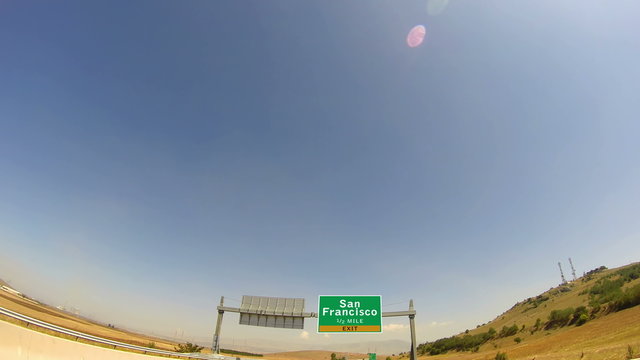 4K Driving on Highway/interstate,  Exit sign of the City Of San Francisco, California