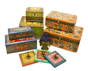 Still life with Indian wooden boxes and culture objects