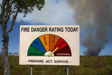 Fire Danger Rating Display with bushfire in background