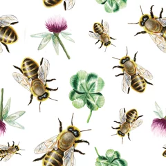 Foto op Plexiglas Watercolor bee and clover pattern © lenavetka87