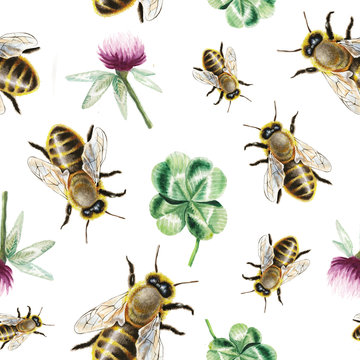 Watercolor bee and clover pattern