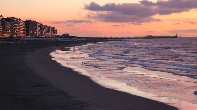 Sunset at the North Sea beach in Blankenberge, Belgium