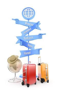 Travelers Global Signpost. 3D rendered graphics on white background.