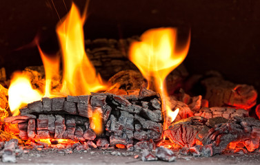 wood burning with flames in a traditional pizza oven.
