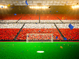Flag Austria  of fans! Evening stadium arena soccer field championship win! Confetti and tinsel   © A ST