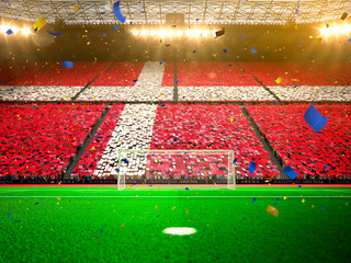 Flag Denmark  of fans! Evening stadium arena soccer field championship win! Confetti and tinsel  