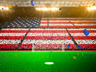 Flag USA of fans! Evening stadium arena soccer field championship win! Confetti and tinsel   © A ST
