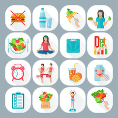Weight loose diet flat icons set