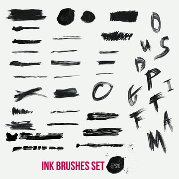 Vector ink brushes set with splatters, circles and letters for banners, cards, invitations. EPS10