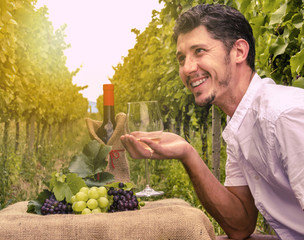 Happy man with a glass of white wine on the background of the vi