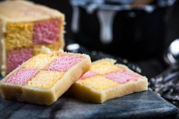 Battenberg cake on serving board