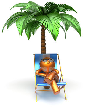 Chilling beach cartoon character deck chair man relaxing palm tree sunglasses summer comfort stylized golden person sun lounger chaise lounge tourist sunbathing rest vacation holiday icon 3d render