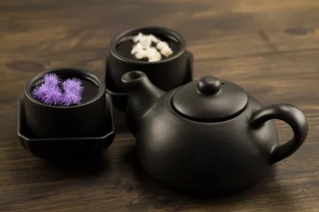 Foto op Aluminium Black teapot, two cups, flowers. Menu, recipe © Ivan Volozhanin