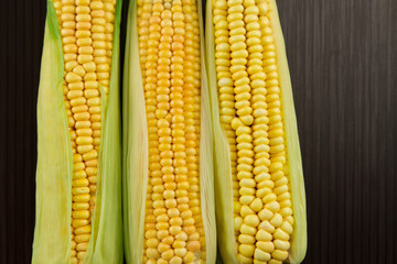 fresh ripe ears of corn on wooden background