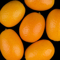 Oval Kumquats closeup. Macro photo from above on black background.