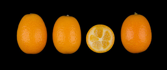 Four oval kumquats in a row closeup. One kumquat is cut in half. Macro photo from above on black background.
