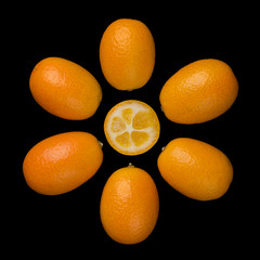 Oval kumquats forming a sun symbol. Six whole kumquats with an half kumquat in the middle forming a sun symbol. Closeup. Macro photo from above on black background.
