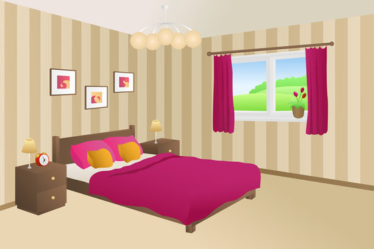 Modern bedroom beige pink bed yellow pillows lamps window illustration vector
