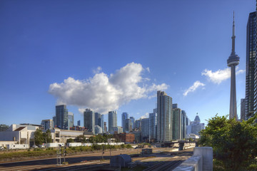 Rail lines in Toronto with the CN Tower