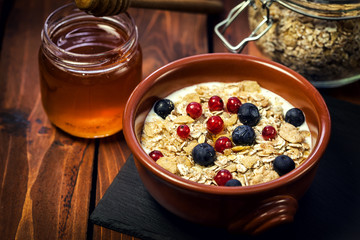 Healthy Breakfast Muesli with berries,honey and milk