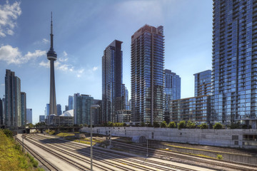 Railway lines in Toronto with the CN Tower