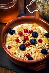 Healthy Breakfast Muesli with berries,honey and milk