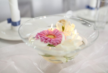 Floating candles and flowers on wedding table