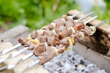 Grilling shashlik with onions on barbecue grill