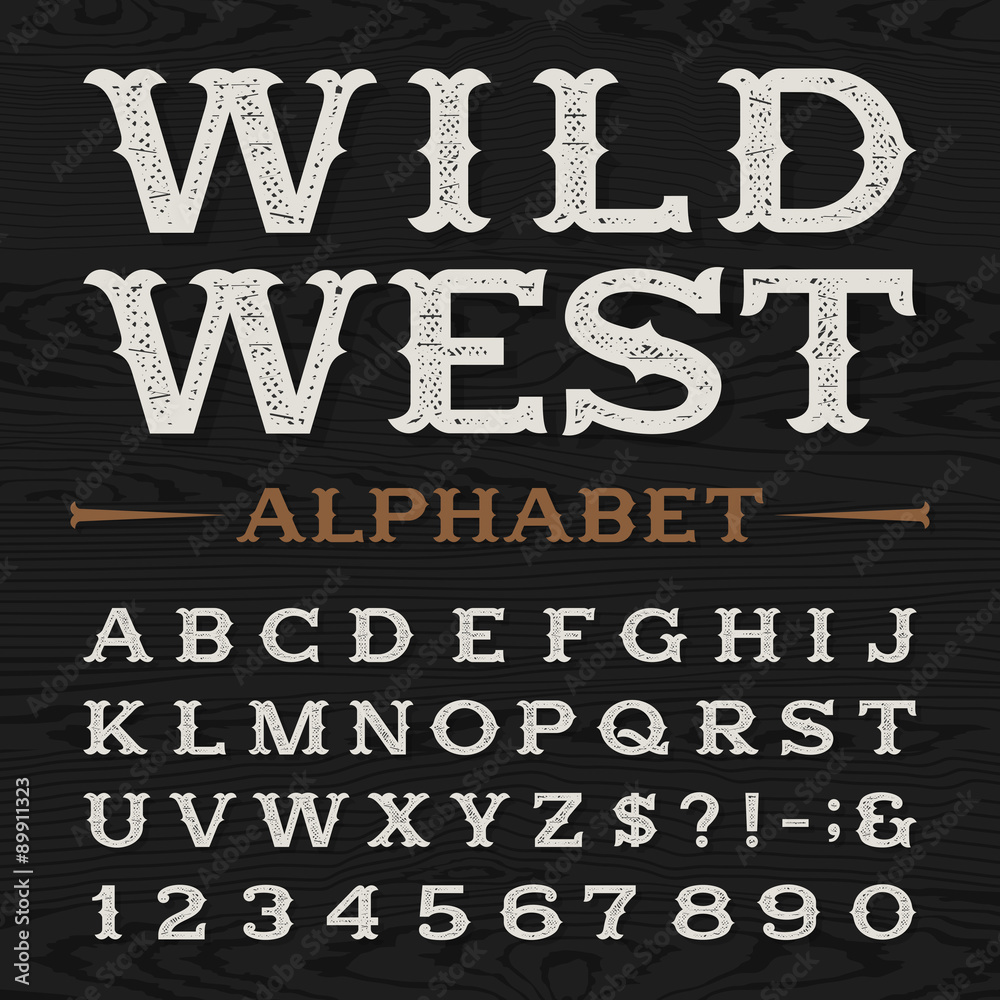 Fototapete western style retro distressed alphabet vector font. serif type dirty letters, numbers and symbols o