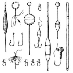 Vector hand drawn set of fising accessories