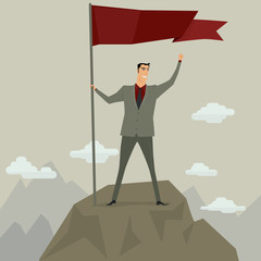 Businessman holding flag on top of mountain after a successful of and challenging ascent, vector illustration.