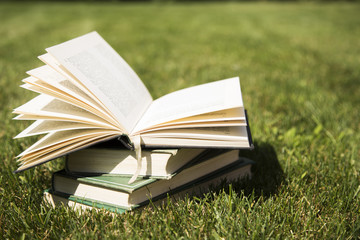 Stacked books in grass, outside