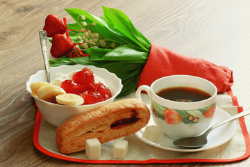 Breakfast with coffee and cream dessert