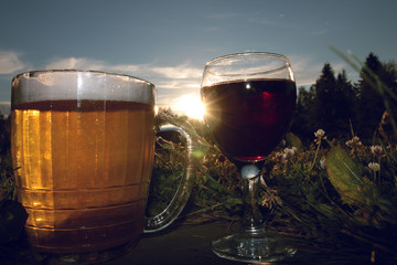mug of beer at sunset