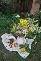 Bouquet of wildflowers, apples, red currants 18296