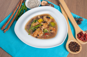 Noodle in fried bean fish with decoration