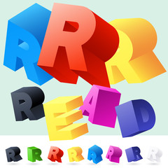 Vector 3D font of randomly rotated colourful letters. All letters in alphabet have 8 random points of view. Letter R
