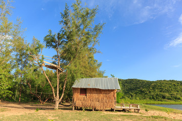 thatched cottage at the beach near mangrove forest