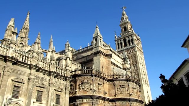 Panoramic view of the Cathedral of Seville with the Giralda in Seville, Spain