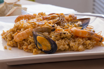 Typical Spanish seafood paella