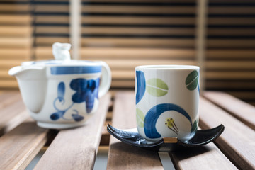 Tea set on wooden table