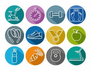 Icons fitness, gym, healthy lifestyle, white outline, solid color, round. 
