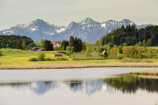 Panorama Landschaft im Allg&auml;u in Bayern mit Berge der Alpen mit Biberschw&ouml;ller See bei Steingaden