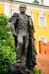 Monument to Emperor Alexander I on background of Moscow Kremlin 