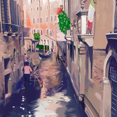 Venice canal with gondolas and gondoliers. Original digital painting artwork of beautiful Italian architecture. Old european city, cozy street. Colored poster