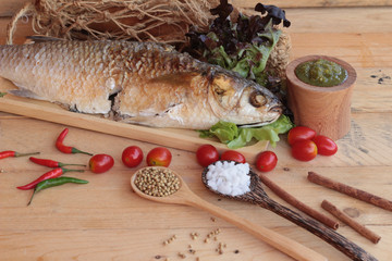 Grilled fish of salt with spicy sauce delicious.