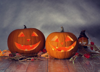 close up of pumpkins on table