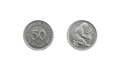 Coin 50 pfenning over a white background. Germany. 1979