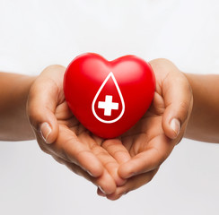 female hands holding red heart with donor sign